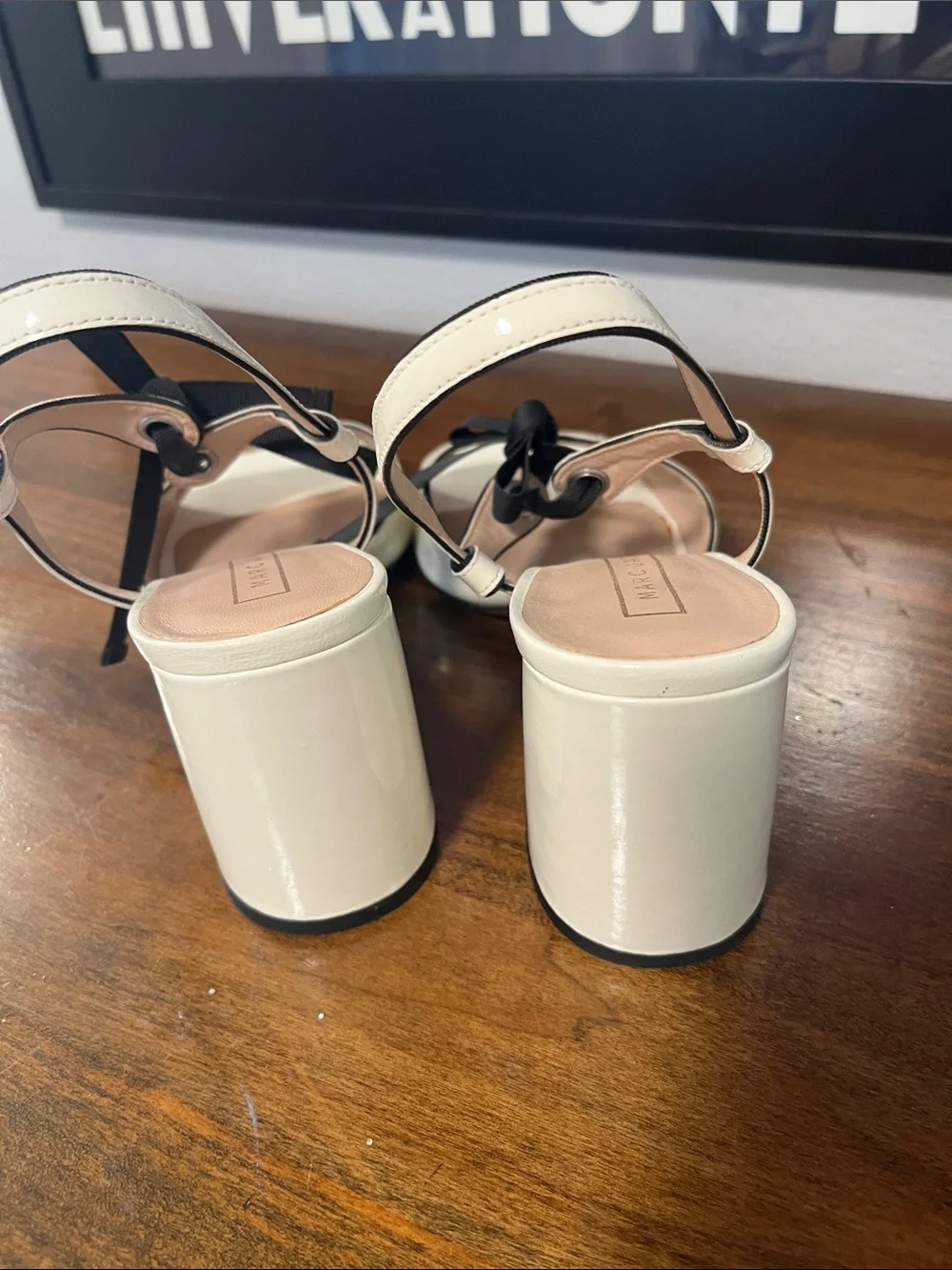 Marc Jacobs Cream Patent Slingback Sandals with Black Ribbon Bow